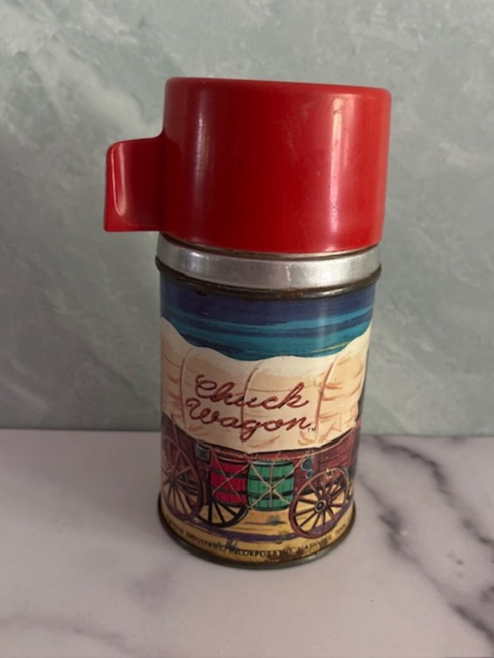 Vintage 1950s CHUCK WAGON Thermos Silver Red Top Retro Kids Fun Aladdin Original